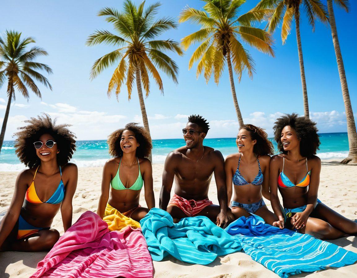 A vibrant and inviting scene showcasing diverse swimwear styles on a sunny beach with palm trees swaying gently in the background. In the foreground, a group of friends of various ethnicities are laughing and splashing in the water, while lounging poolside with colorful towels and beach accessories. Sunlight sparkles on the ocean waves, creating an atmosphere of joy and relaxation. Bright, tropical colors dominate the image to reflect the summer essence. super-realistic. vibrant colors. tropical theme.