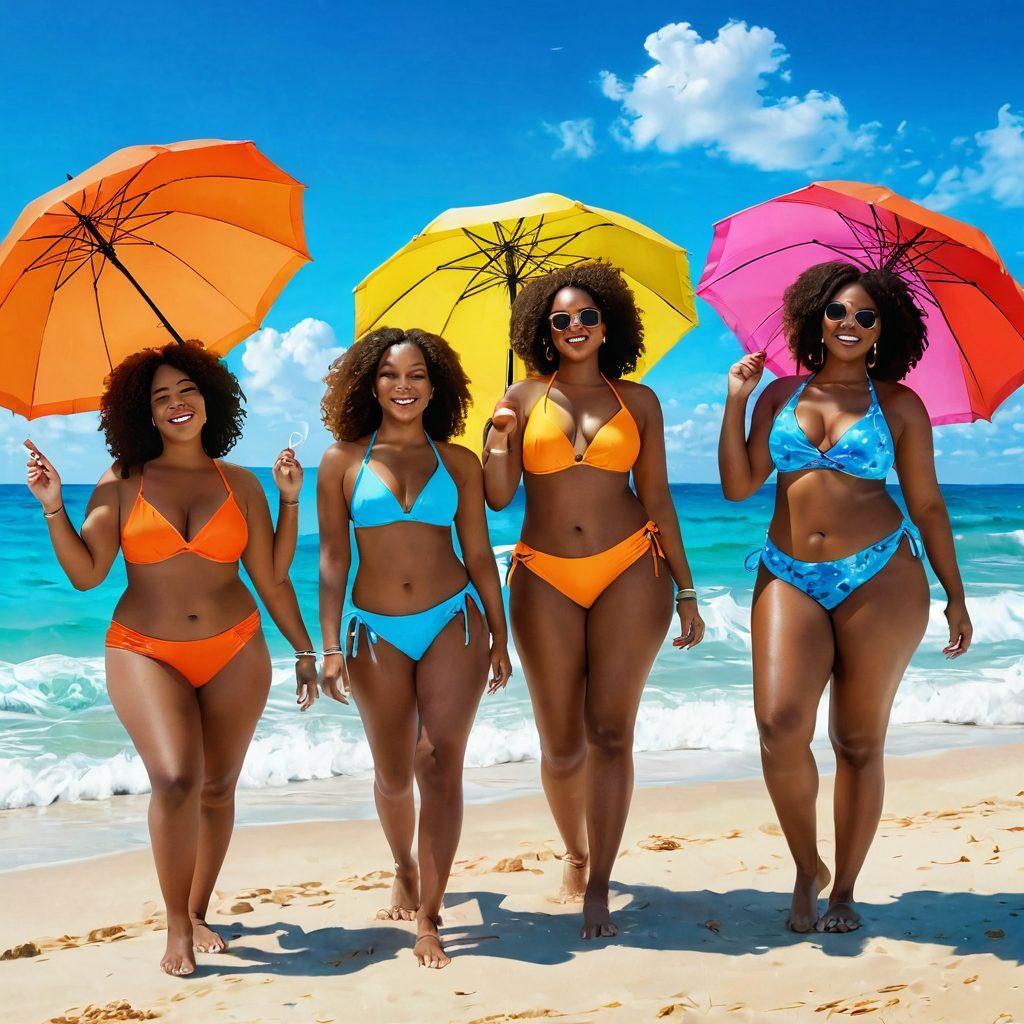 A vibrant beach scene showcasing diverse women of different body types, confidently wearing playful, colorful bikinis. Include elements like sun umbrellas, beach balls, and tropical plants to evoke a summer vibe. The background features a bright blue sky and sparkling ocean waves. The atmosphere is joyful and energetic, highlighting body positivity and carefree summer fun. Illustrate in a super-realistic style with vibrant colors.